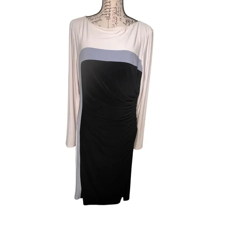 LRL16 color block‎ cinched waist long sleeve lined heavy Ponte midi dress ￼￼